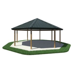 Hexagonal gazebo with green roof.