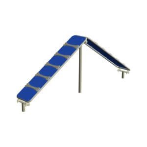 Blue dog agility ramp with bone steps.