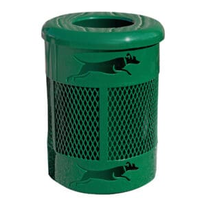 Green dog waste receptacle with mesh.