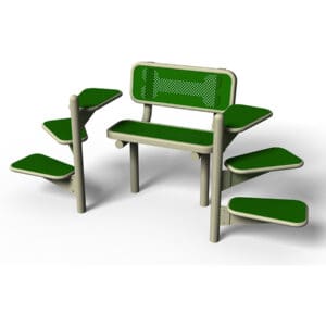 Green bench with integrated steps.