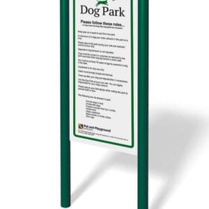 Dog park rules and regulations sign.