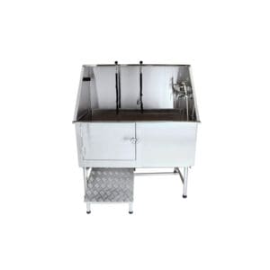 Stainless steel pet grooming tub.