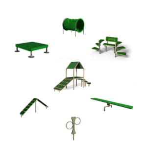 Green dog park agility equipment.
