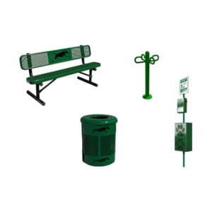 Green dog park bench, bag dispenser, trash can.