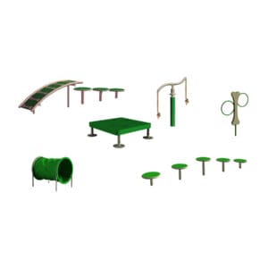 Dog agility course equipment: tunnel, jumps, seesaw.