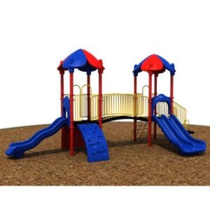 Colorful playground structure with slides and bridge.