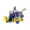 Blue and yellow pirate ship playground.