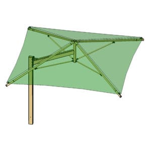 Here's an alt tag for the image: Green fabric shade structure, bamboo frame.
