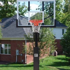 Outdoor basketball hoop with backboard.
