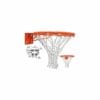 Orange basketball hoop with white net.