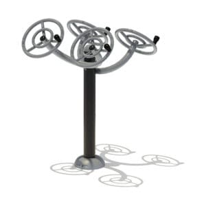 Outdoor fitness equipment with steering wheels.