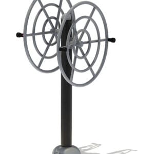 Outdoor fitness equipment with circular handles.