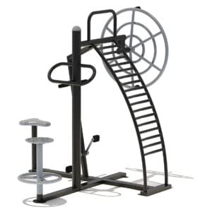 Outdoor gym equipment with ladder and wheel.