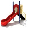 Red playground slide with steps and railing.