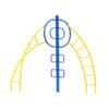 Blue and yellow playground climbing frame.
