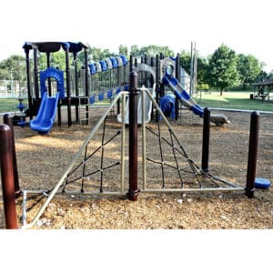 Playground climbing frame with net.