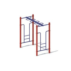 Red and blue playground monkey bars.