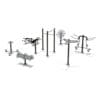 Outdoor gym equipment: pull-up bars, weights.