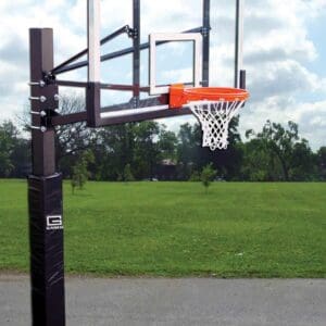 Outdoor basketball hoop with padding.