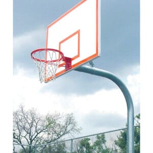 Outdoor basketball hoop with backboard.