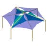Here's an alt tag for the image: Multi-colored shade sail structure.