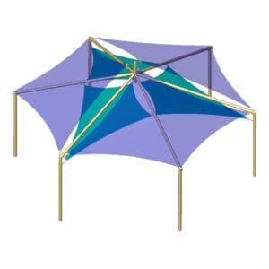Here's an alt tag for the image: Multi-colored shade sail structure.