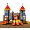 Colorful castle-themed playground with multiple slides.