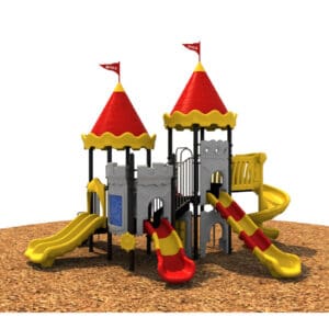 Colorful castle-themed playground with slides.