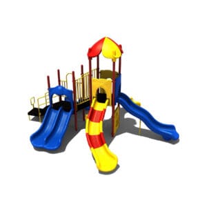 Colorful playground slide set with multiple slides.