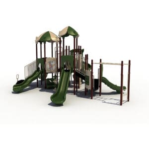 Green playground with slides and climbing structures.