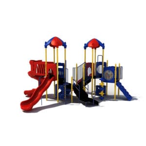 Red and blue playground with slides.