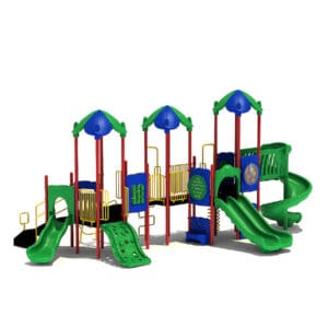 Colorful playground structure with slides and ladders.