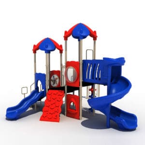 Colorful playground equipment with slides and towers.