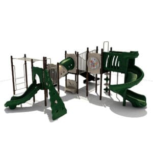 Green playground set with slides and climbers.
