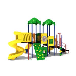 Colorful playground structure with slides and ladders.