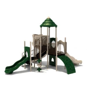 Playground structure with slides and climbing elements.