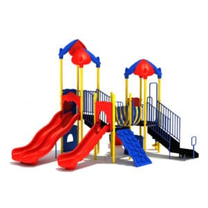 Colorful playground with slides and climbing steps.