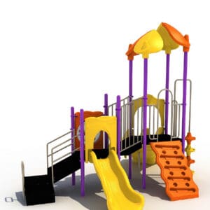 Colorful children's playground slide with climbing features.