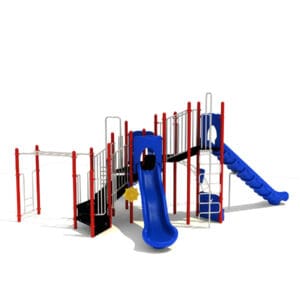 Playground structure with slides and climbing bars.