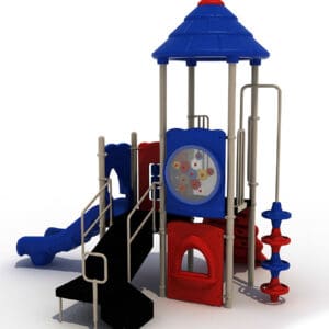 Colorful playground structure with slides and ladders.