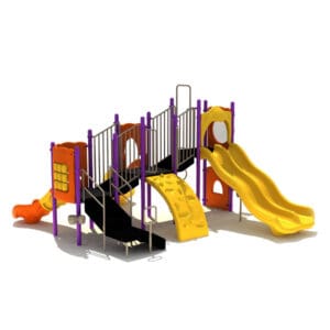 Children's playground set with slides and stairs.