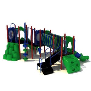 Colorful playground with slides and climbing structures.