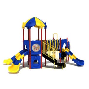 Colorful playground set with slides and tunnels.