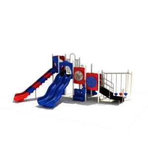 Colorful playground structure with slides and ladders.