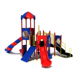 Colorful playground structure with multiple slides.