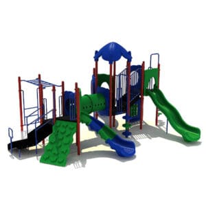 Colorful playground structure with slides and ladders.