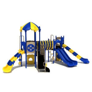 Blue and yellow children's playground structure.