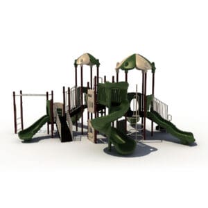 Green playground structure with slides and ladders.