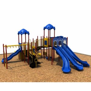 Blue and yellow playground with multiple slides.