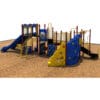 Colorful playground structure with slides and climbing.